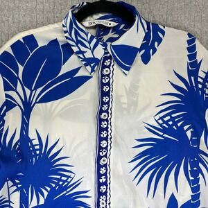 Zara XS Women Button up Dress Shirt Palm Tree Print‎ Blue Hawaiian Long Sleeve